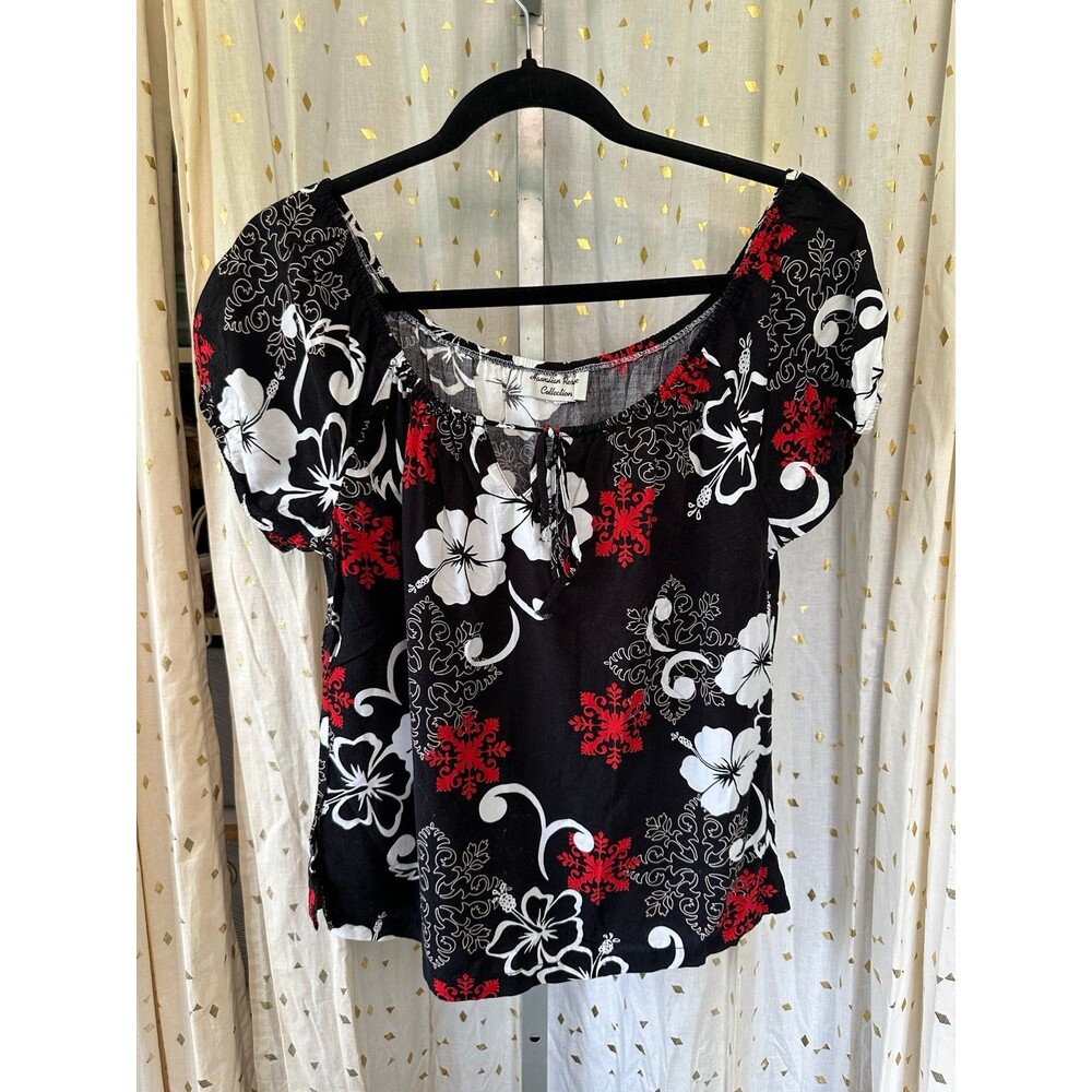 Hawaiian Reserve Collection Aloha Tropical Leaves Elastic Off On Shoulder Top S